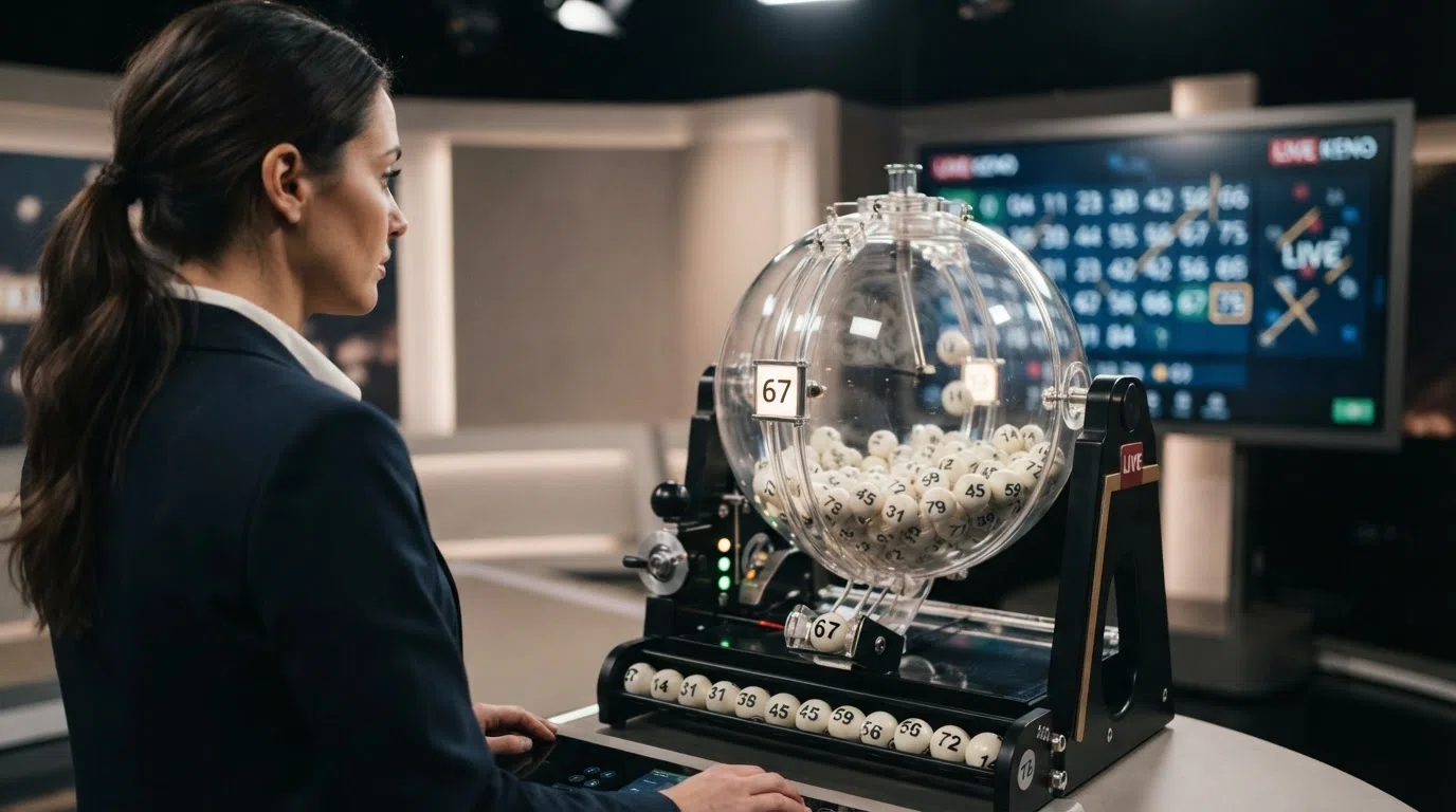 A live dealer standing beside a keno ball-draw machine in a broadcast studio with numbered balls visible in the chamber