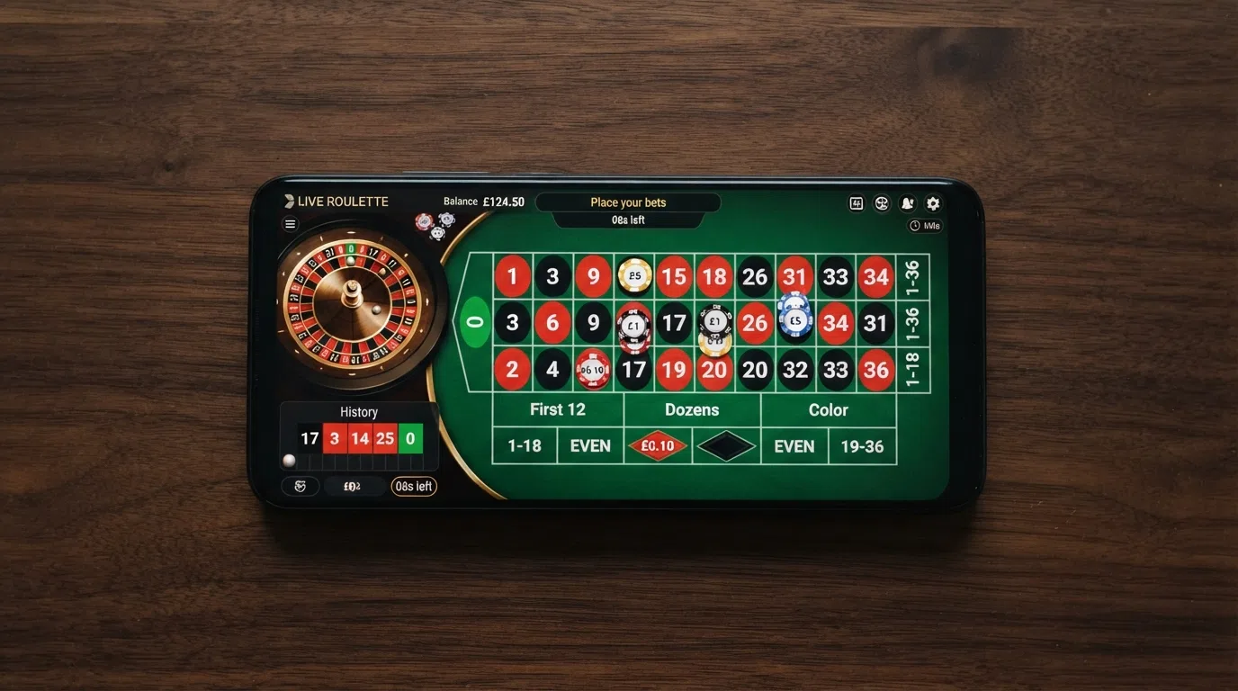 A smartphone screen displaying a live roulette table with the betting grid overlaid, showing chip denominations and the last-results history bar