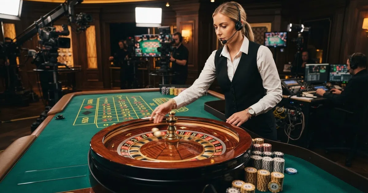 A live roulette table in a casino studio, an English-speaking dealer spinning the wheel, HD cameras and studio lighting visible in the background