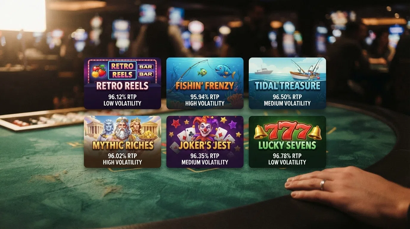 A grid of six slot-title cards — Starburst, Book of Dead, Big Bass Splash, Big Bass Bonanza, Gates of Olympus and Fire Joker — each showing its RTP percentage and volatility label beneath the title art
