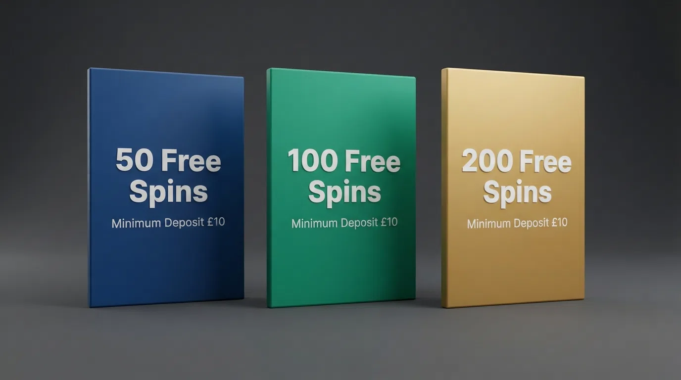 A side-by-side view of UK casino welcome-offer banners showing free-spin counts and minimum-deposit figures