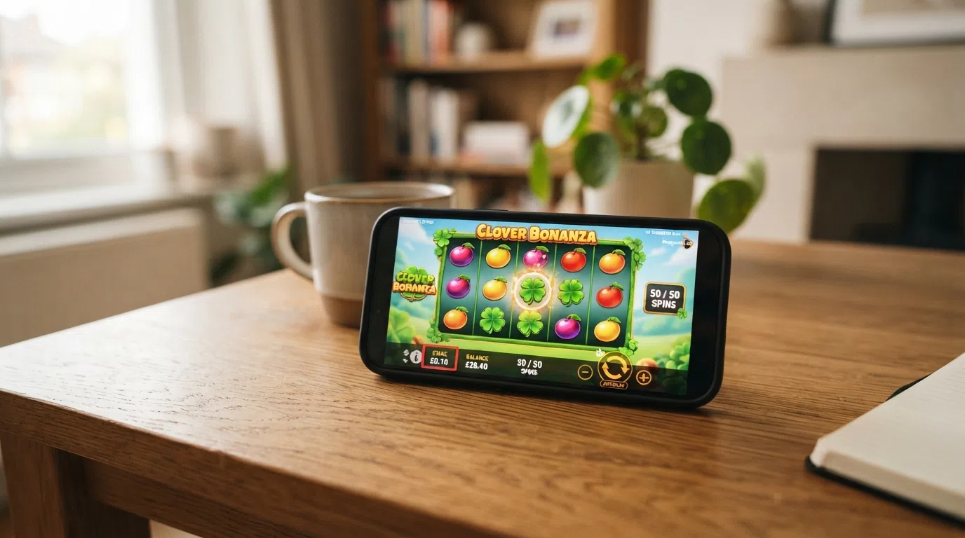 An online slot game on a mobile screen showing a £0.10 stake selector and a 50-spin session counter