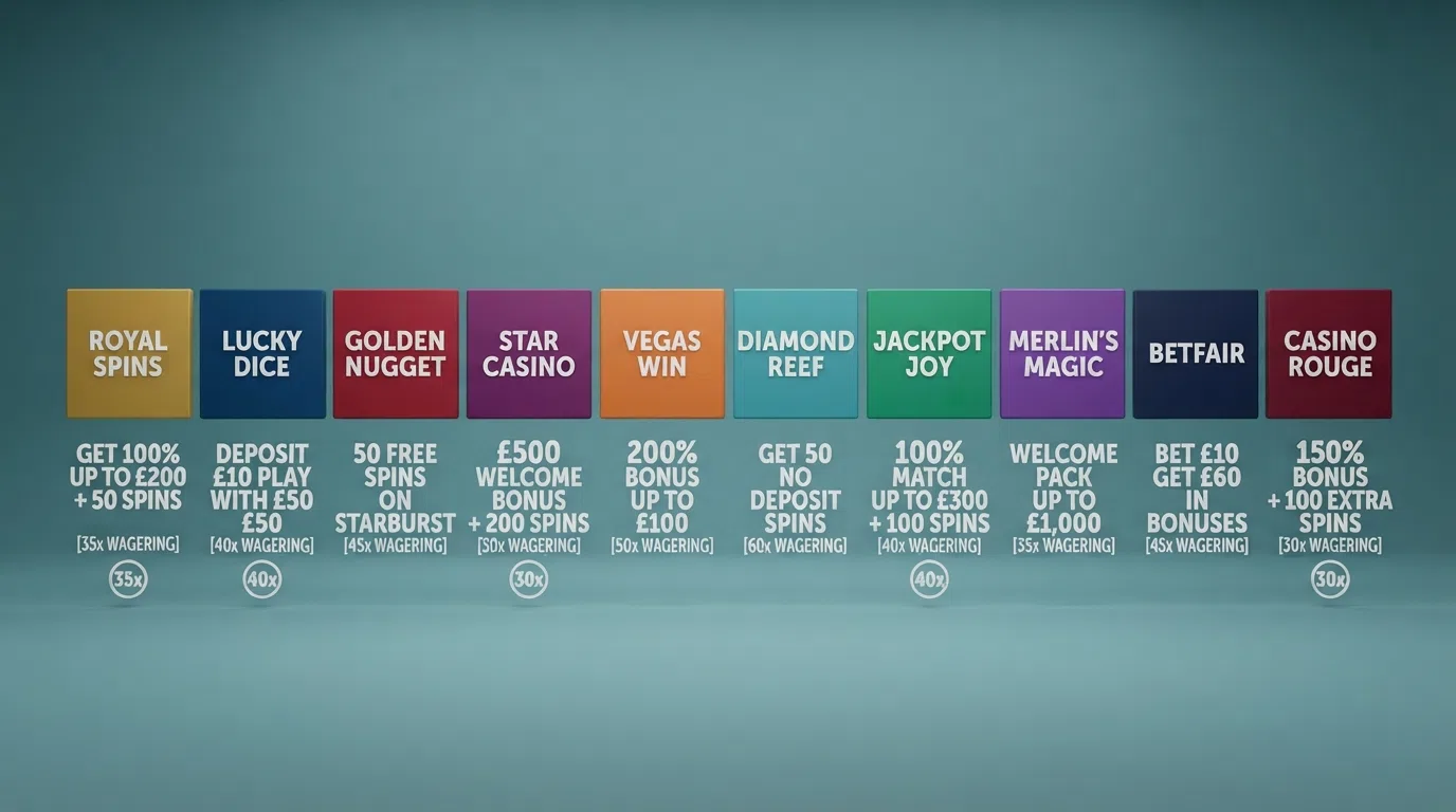 A side-by-side grid of ten UK-licensed casino logos arranged in ranking order, each with its welcome-bonus headline and wagering-multiplier badge beneath it.