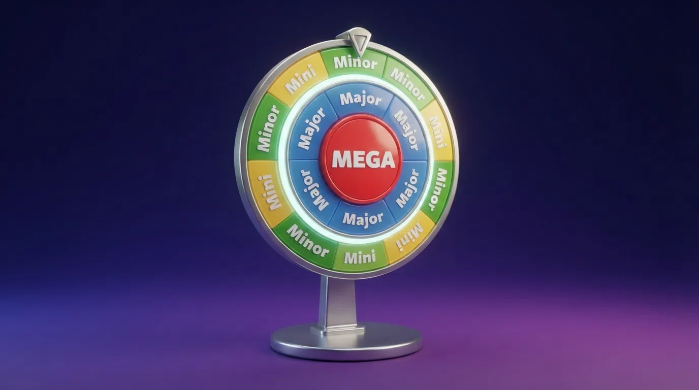 The Mega Moolah bonus wheel with its four coloured jackpot tiers — Mini, Minor, Major and Mega — displayed on a casino screen