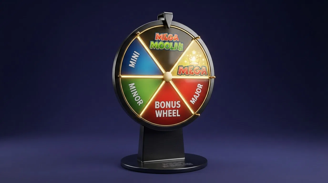 The Mega Moolah bonus wheel with its four coloured jackpot tiers — Mini, Minor, Major and Mega