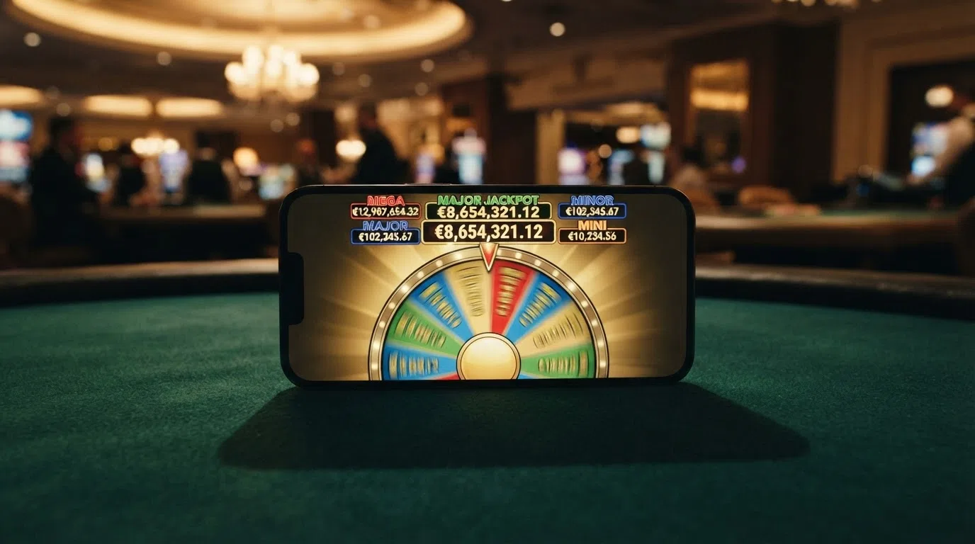 A landscape-orientation smartphone showing the Mega Moolah bonus wheel in mid-spin with the four jackpot tiers visible above the reels