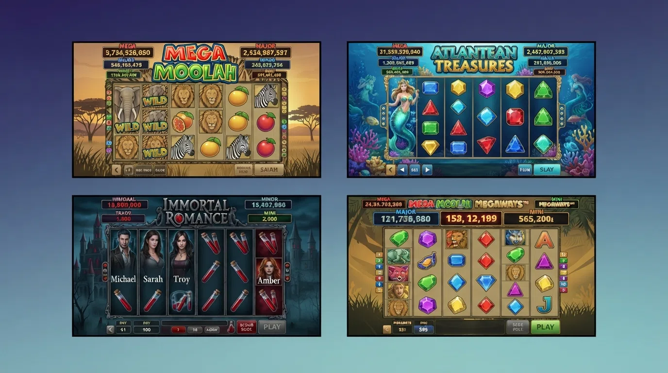 A grid of four Mega Moolah variant title screens — original safari, Megaways dynamic reels, Atlantean Treasures underwater theme and Immortal Romance gothic design — side by side