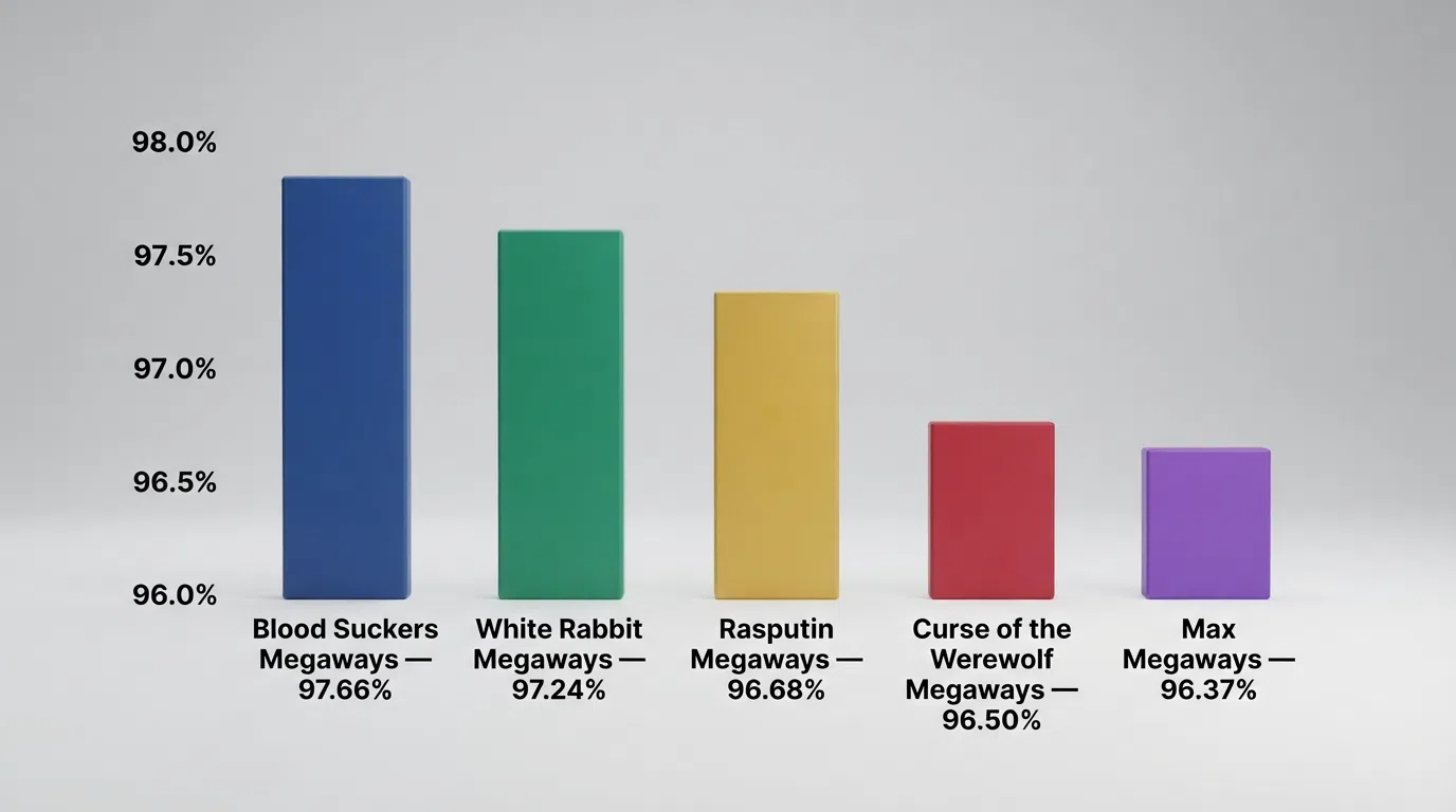 A side-by-side display of Megaways slot titles with their RTP percentages, max-win multiples and provider names arranged in descending order of return