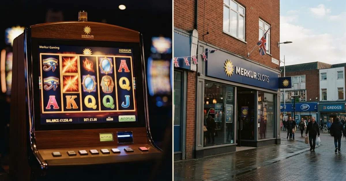 A split-screen composition showing a Merkur Gaming slot reel on one side and the exterior of a UK high-street Merkur Slots entertainment venue on the other, with the Union Jack subtly integrated into the divider