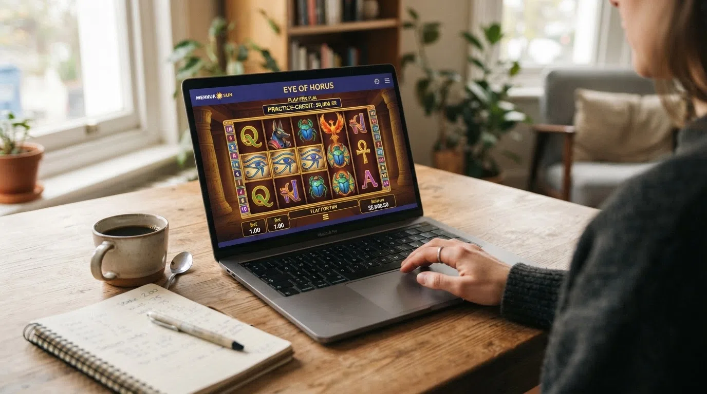A laptop screen showing a Merkur slot game in demo mode with a visible “Play for Fun” or practice-credit balance, in a casual home setting
