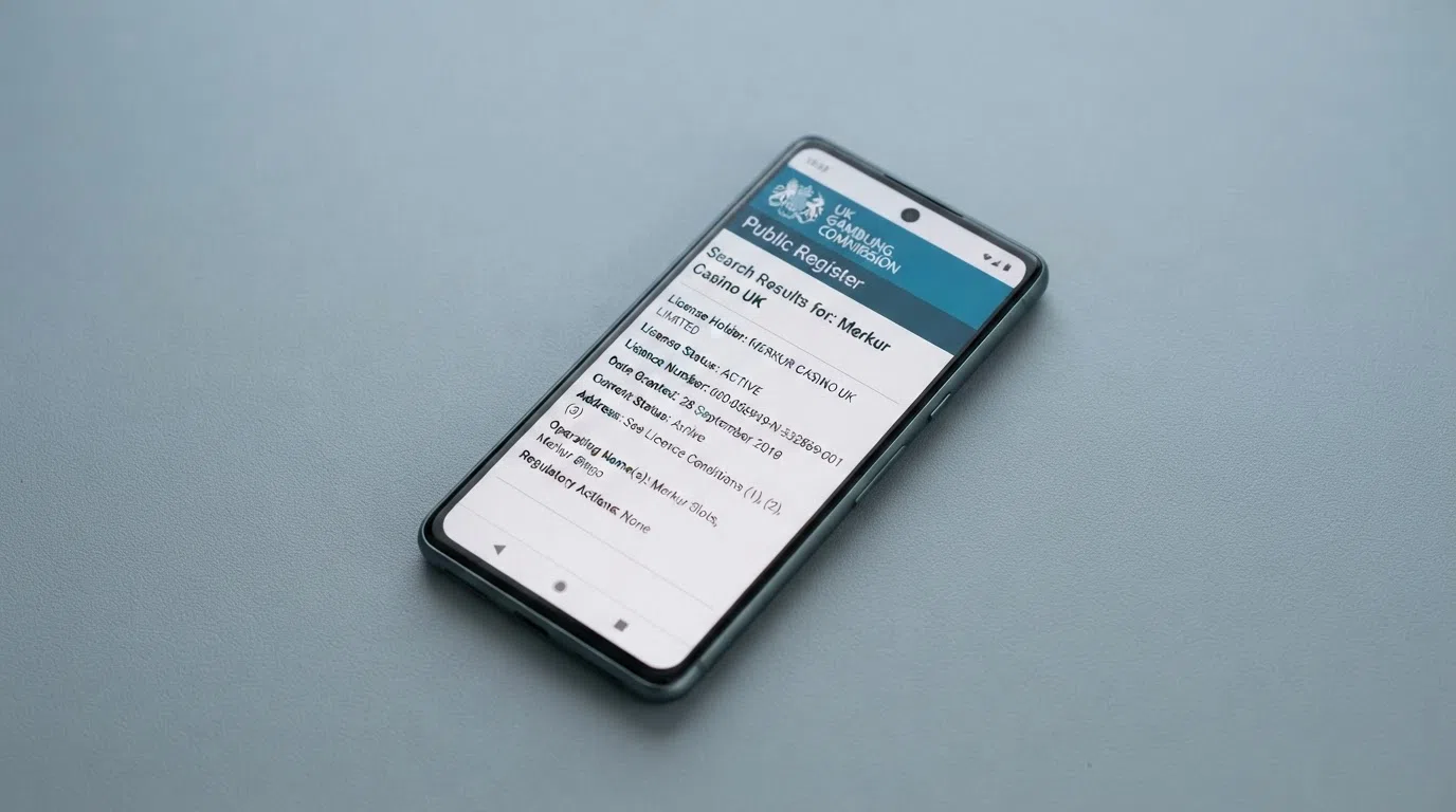 A close-up of a smartphone screen displaying the Gambling Commission public register search interface with a UKGC licence entry visible, set against a clean regulatory-themed background