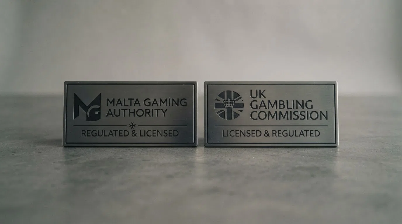 A close-up of two regulator badges, one marked Malta Gaming Authority and one marked UK Gambling Commission