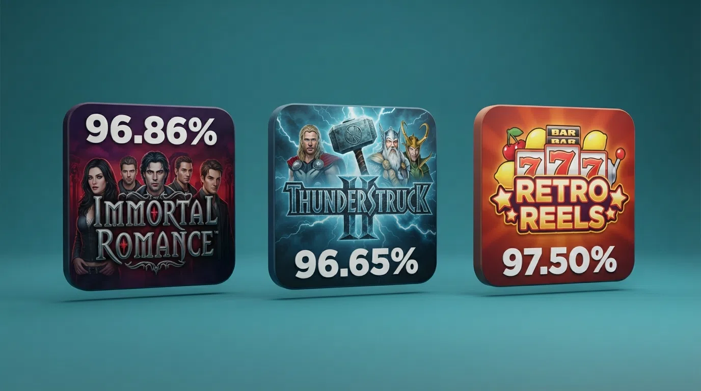 Immortal Romance, Thunderstruck II and Mega Moolah slot icons arranged side by side with their RTP percentages overlaid