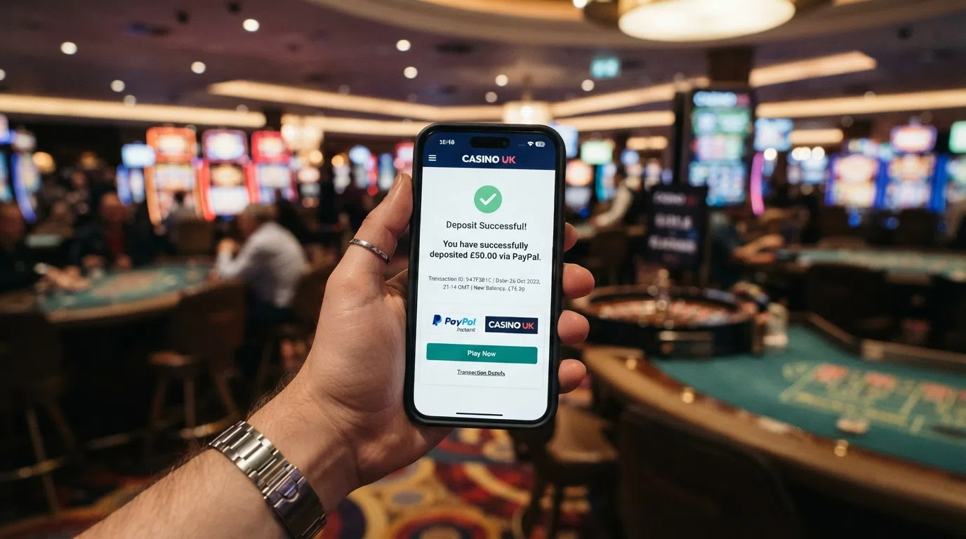 A mobile phone displaying the MiFinity deposit confirmation screen with a casino lobby blurred in the background