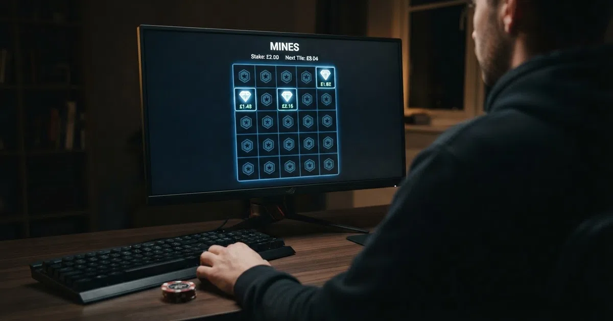 A Mines casino game grid on screen showing numbered tiles face-down, a multiplier counter rising, and a cash-out button lit green