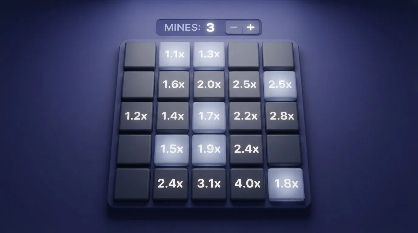A 5×5 Mines grid mid-round with three safe tiles revealed showing their multipliers, several tiles still face-down, and a mine-count selector set to 3