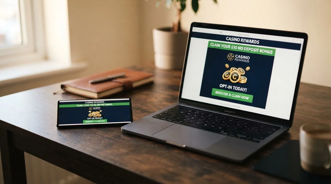 A smartphone displaying a casino no-deposit bonus opt-in screen with a prominent button, alongside a laptop showing the same page layout