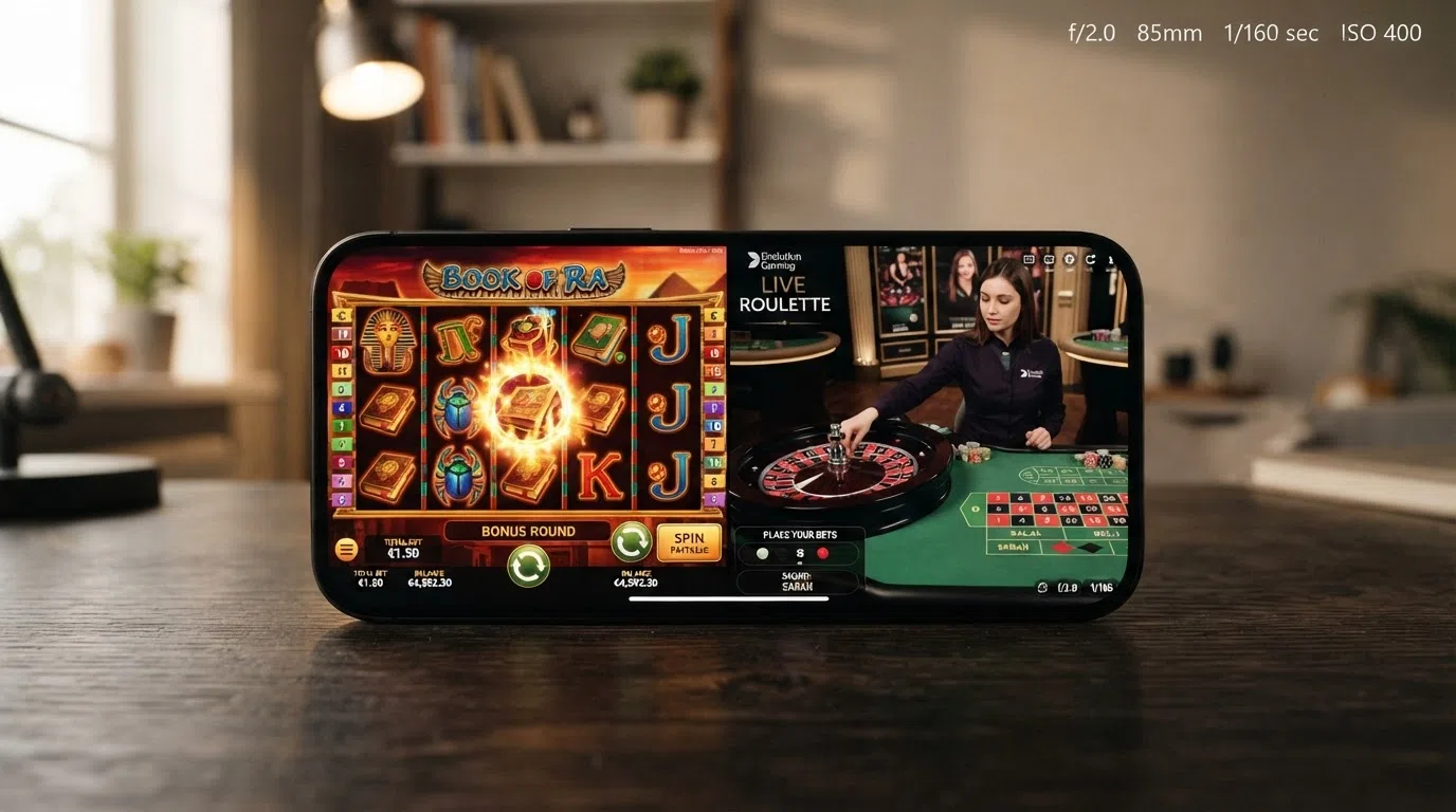 A smartphone in landscape orientation split between a colourful slot game on the left and a live-dealer roulette table on the right