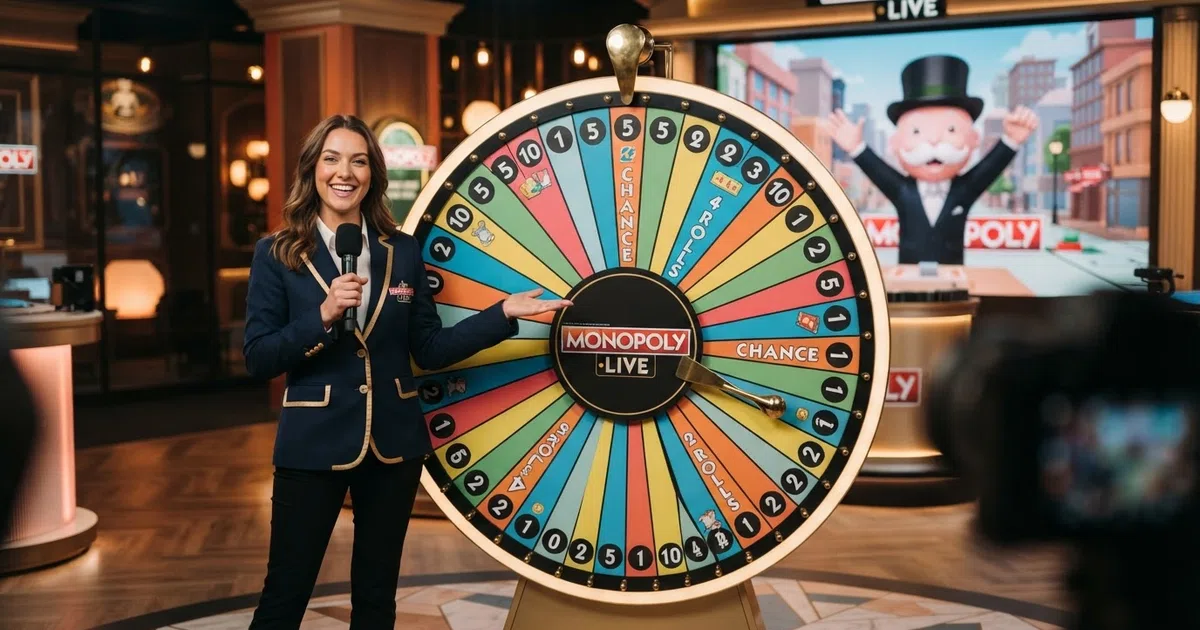 A live-dealer game-show studio with a large segmented money wheel at centre frame, a human presenter at the podium, and the augmented-reality Monopoly board visible on the studio screen