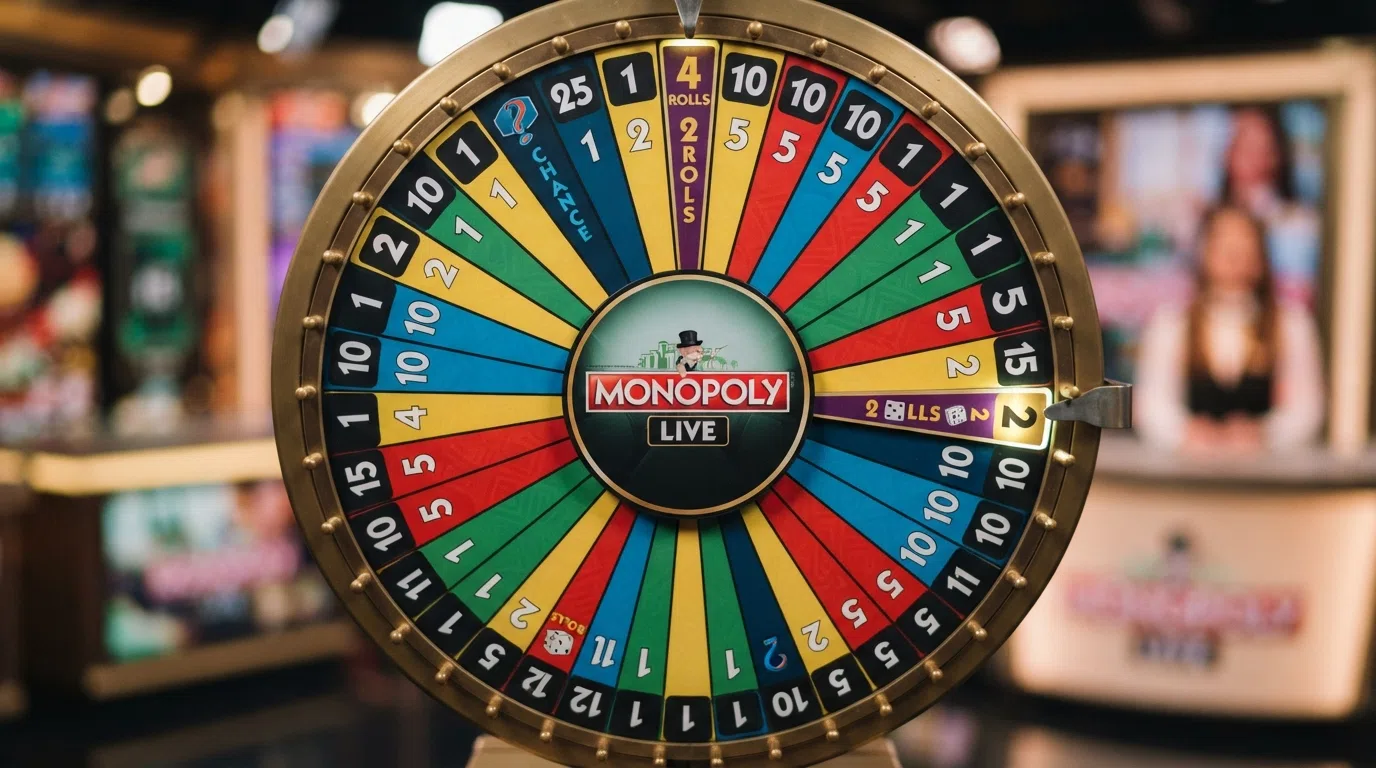 A close-up of the 54-segment Monopoly Live wheel showing the numbered segments, CHANCE segments and bonus-trigger segments with the on-screen betting interface beneath