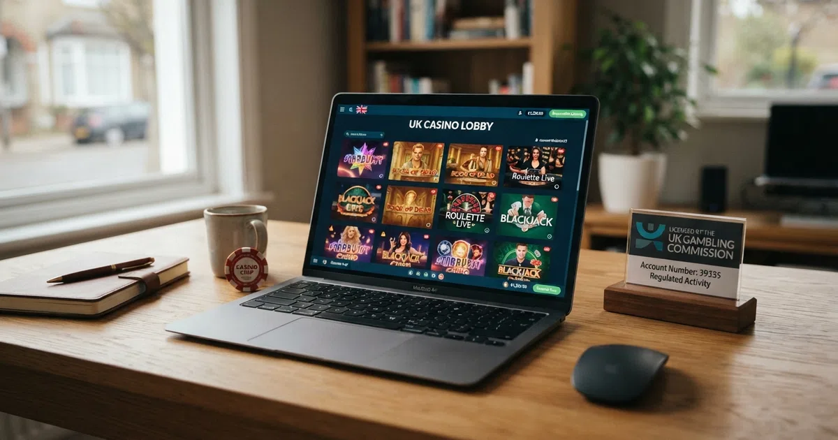 A laptop showing an online casino lobby with a padlock icon and a UK Gambling Commission licence badge beside the game grid