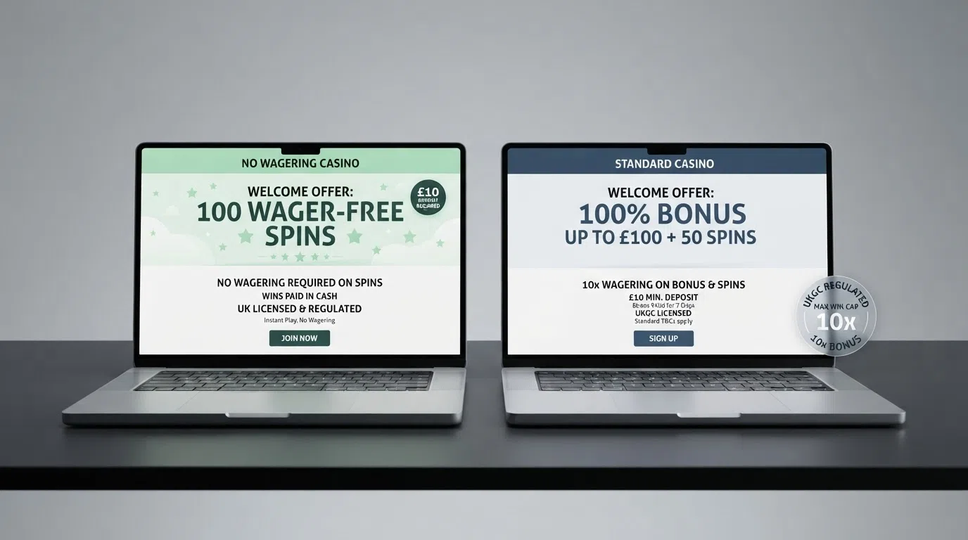 A side-by-side comparison view of two UK casino welcome-offer pages — one with wager-free spins highlighted and one showing standard 10× wagering terms — overlaid with the UKGC 10× cap callout