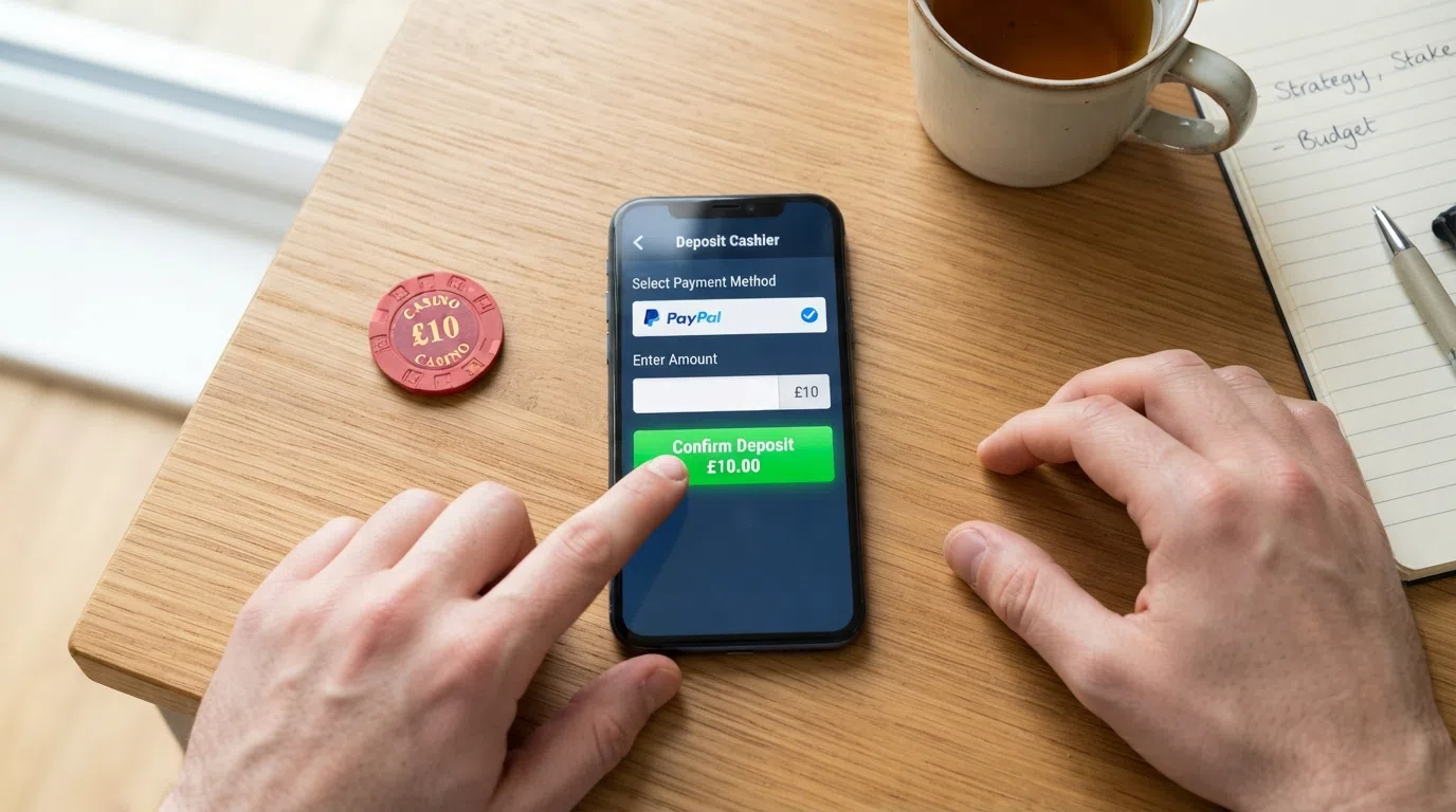 A mobile phone screen showing the Neteller deposit confirmation beside a casino cashier page with Neteller selected as the payment method