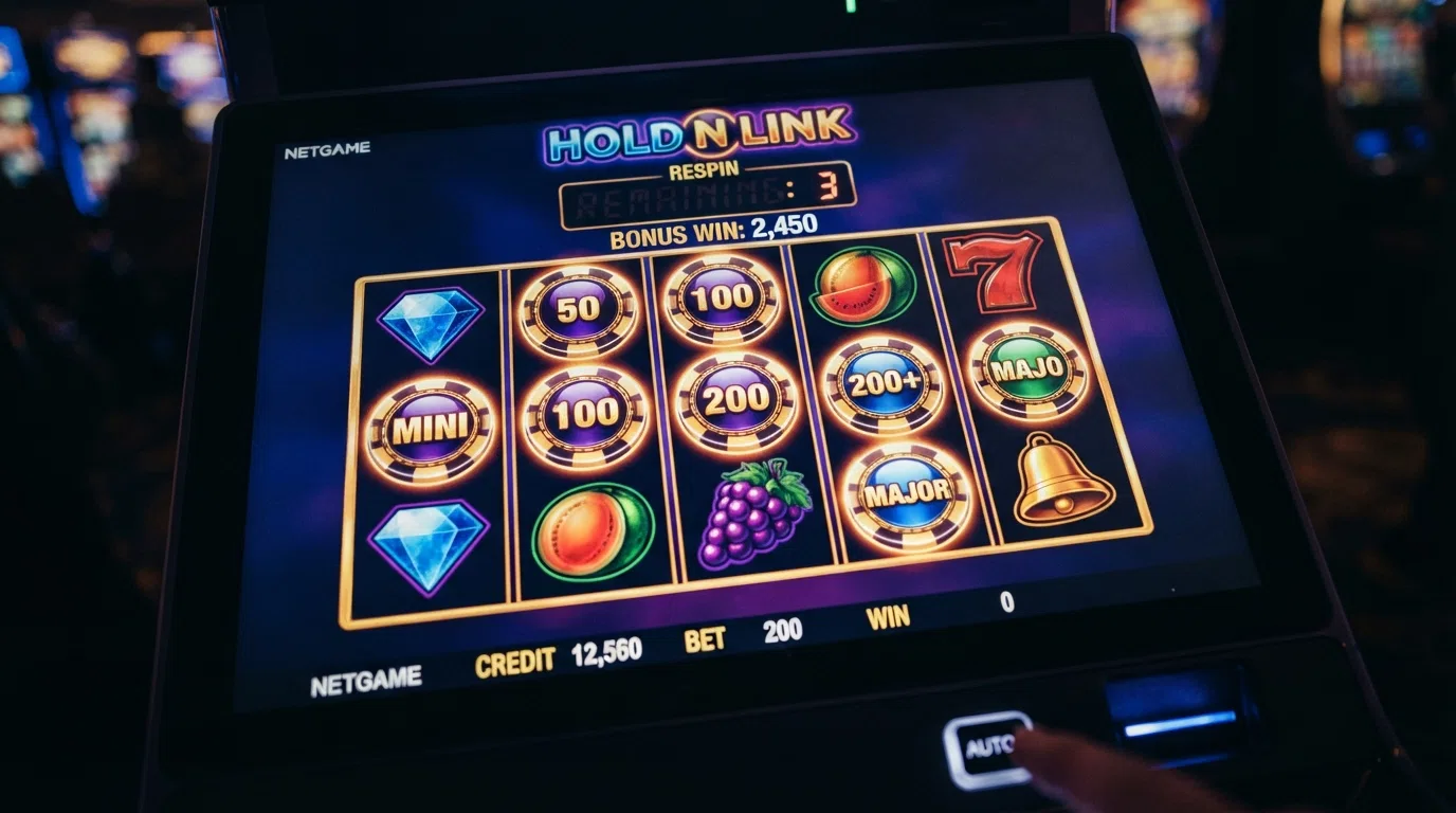A NetGame slot bonus round in progress, showing cash symbols locked onto the reels with a respin counter visible above the grid