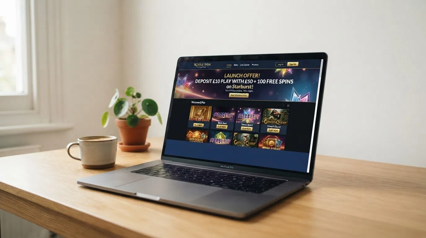 A freshly launched UK casino homepage with a prominent welcome offer banner and a UKGC licence number visible in the footer