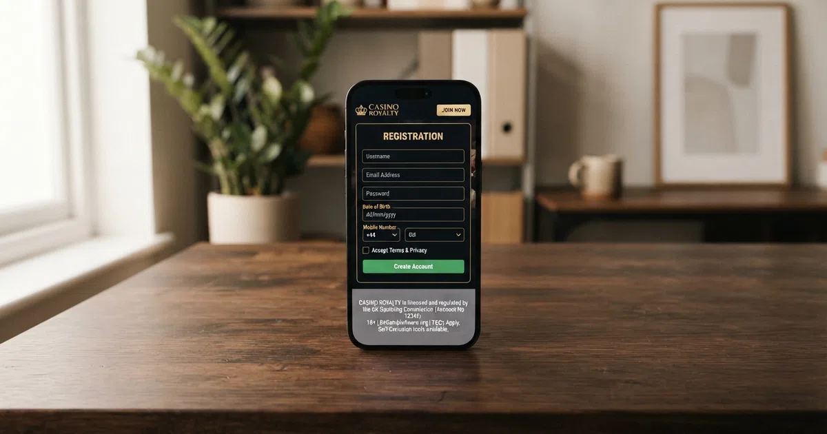 A smartphone screen displaying the registration page of a new UK online casino, a padlock icon and the UKGC licence number visible in the footer.