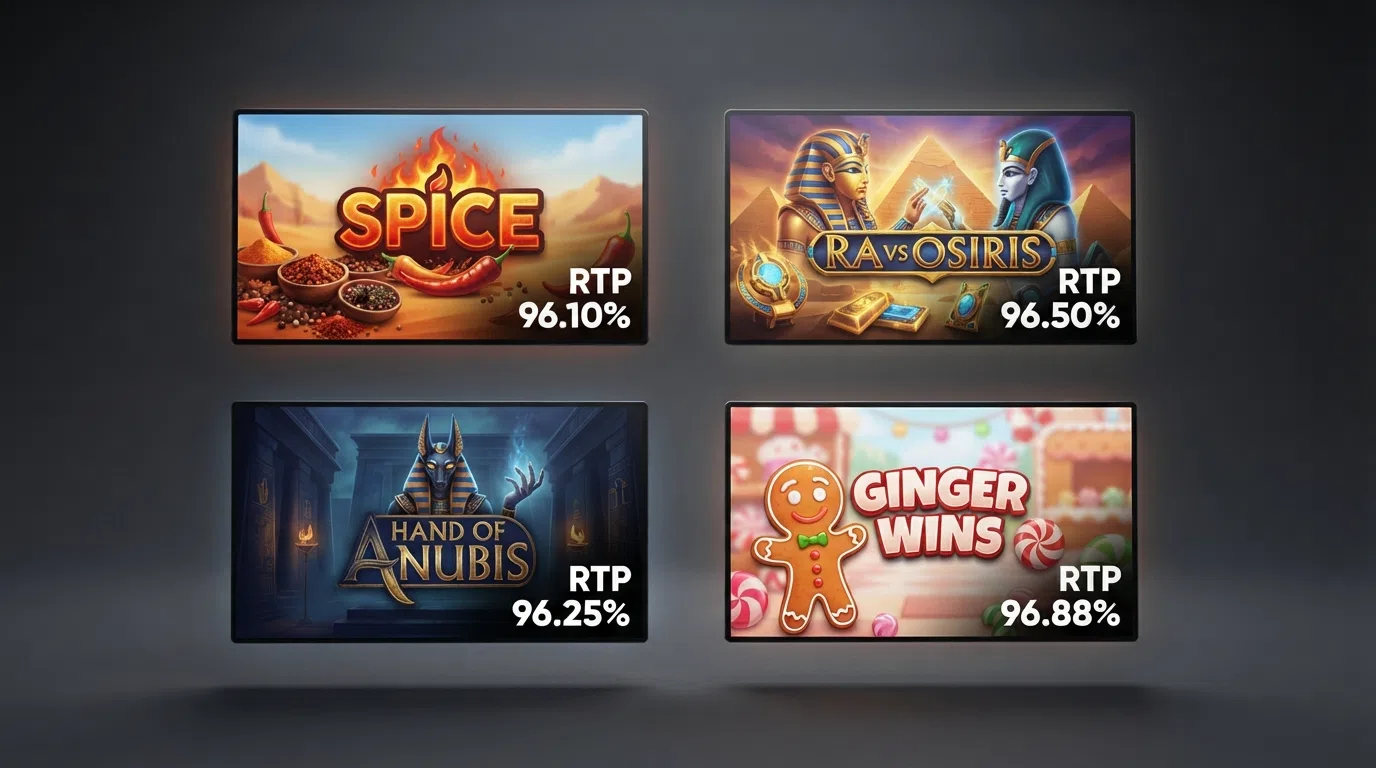 A grid of four slot-title splash screens — Spice, Ra vs Osiris, Hand of Anubis and Ginger Wins — arranged side by side with their RTP percentages overlaid.