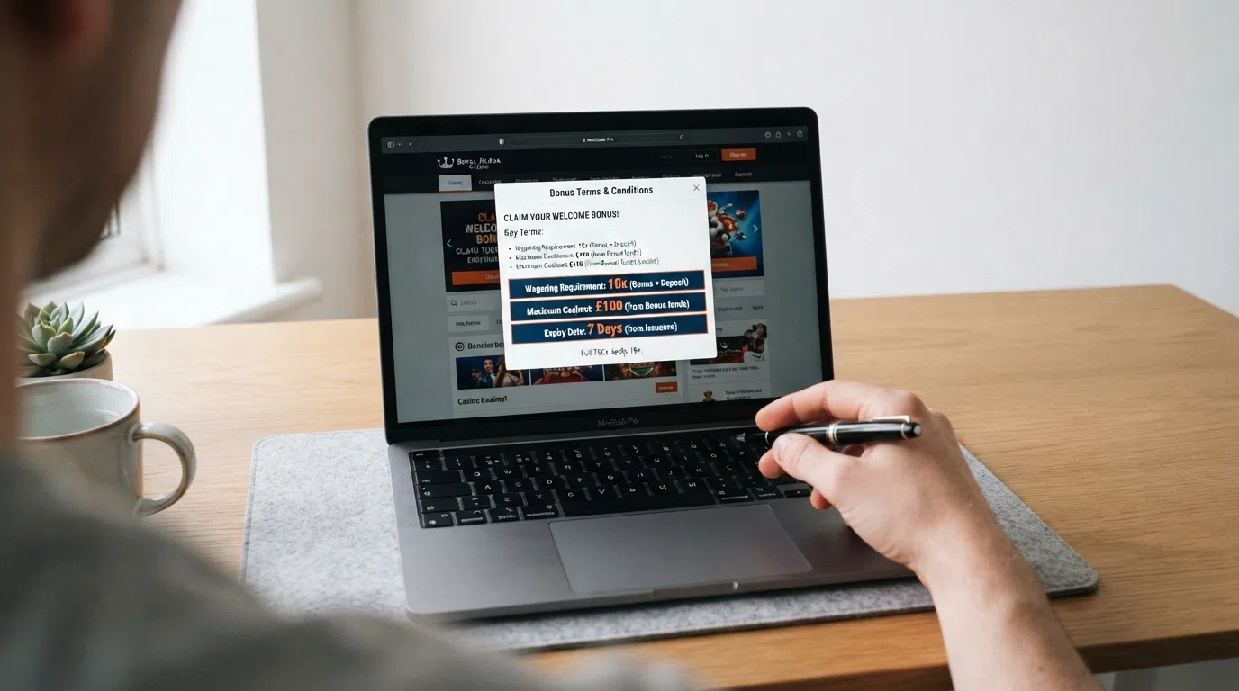 A close-up of a casino bonus terms pop-up on a laptop screen, highlighting the wagering requirement, max cashout and expiry date with a pen beside the keyboard.