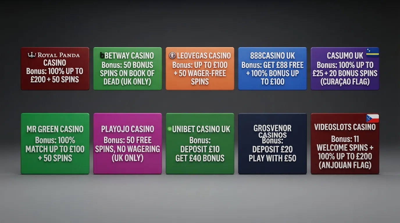 A clean operator-comparison visual: ten licence badges and bonus headlines arranged in a grid, with the Curaçao and Anjouan flags prominent