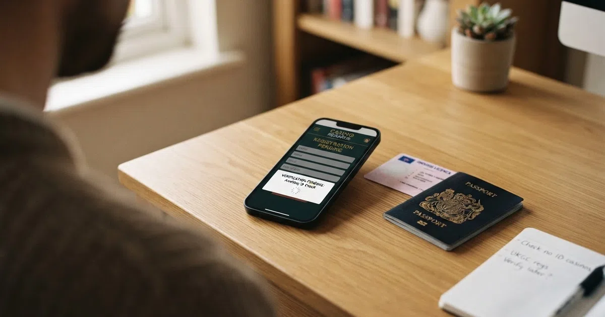 A smartphone displaying an online casino registration form with a verification-pending notice, beside a UK driving licence and a passport resting on a desk