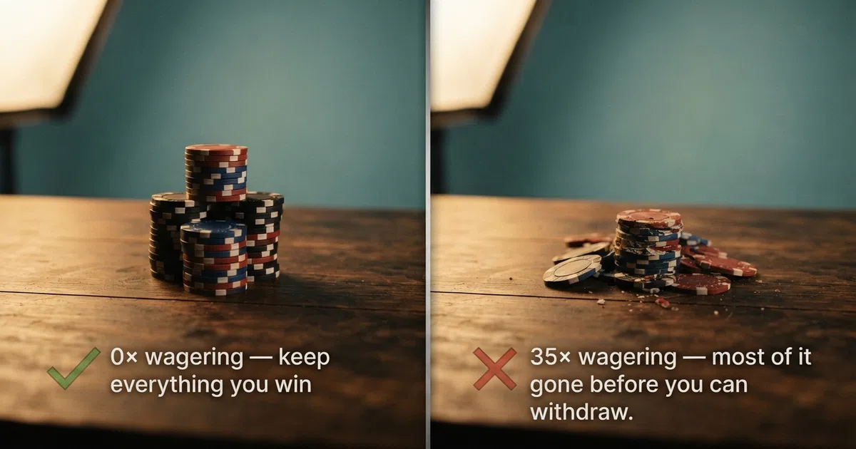 A split-frame visual: one side shows a stack of pound coins with a green tick and the words “0× wagering — keep everything you win”; the other shows the same stack partially eroded with a red cross and “35× wagering — most of it gone before you can withdraw”