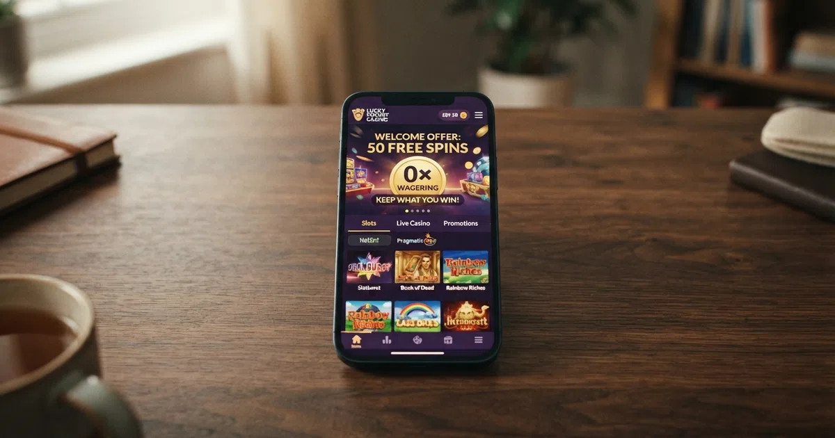 A smartphone screen showing a UK online casino slots lobby with a “0× wagering” or “keep what you win” badge displayed on a free-spins promotion banner