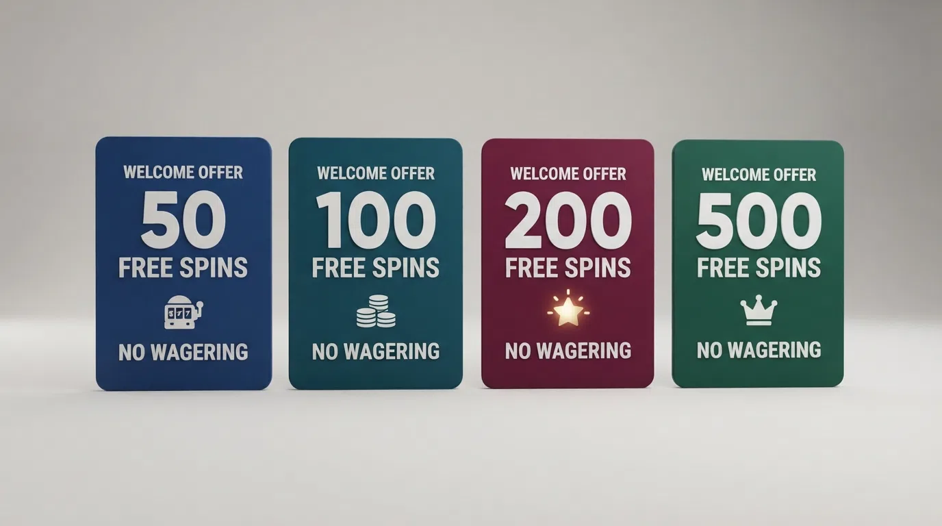 A side-by-side grid of casino welcome-offer cards showing different free-spin counts (50, 100, 200, 500) each marked with a zero-wagering label
