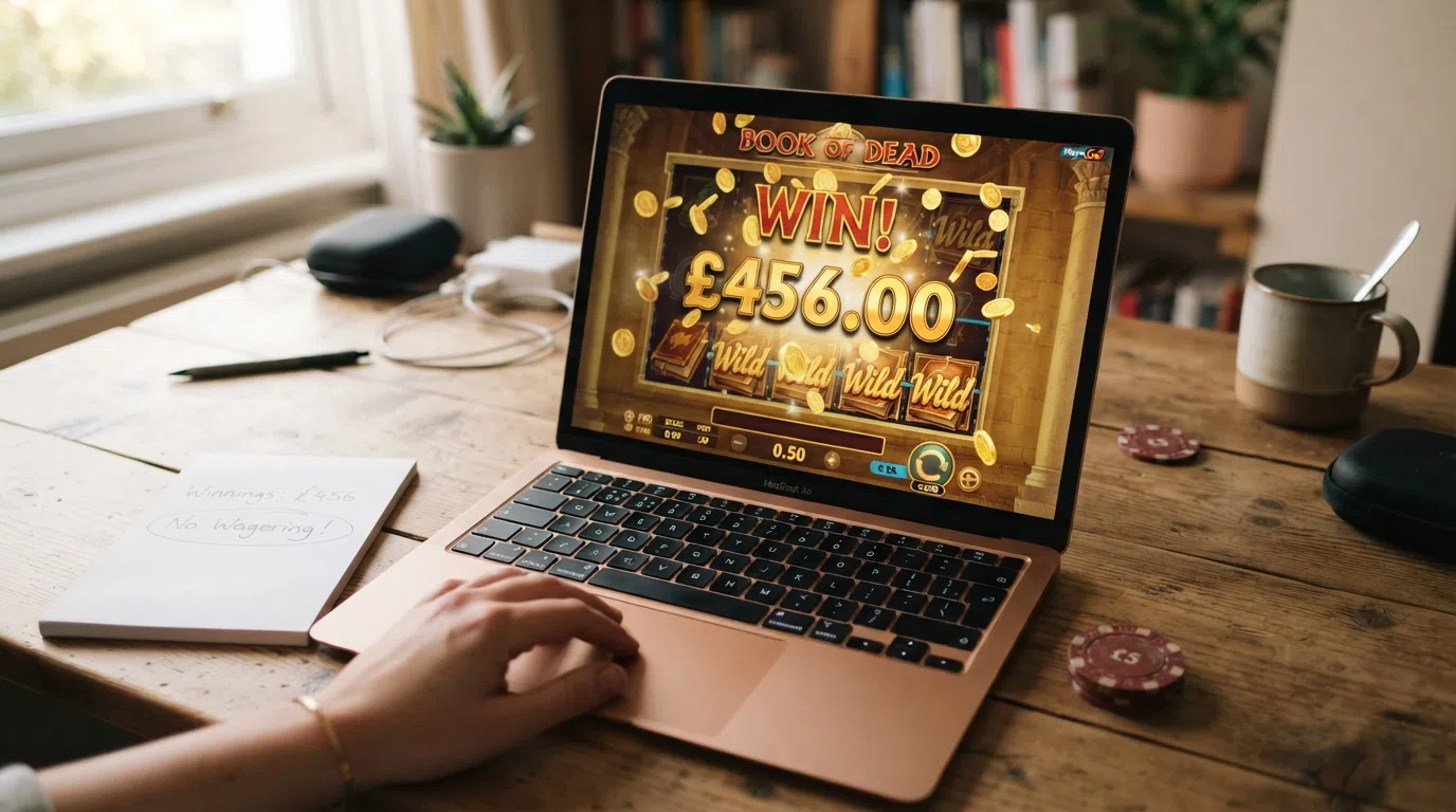 A smartphone screen showing a casino bonus terms panel with the wagering-requirement field displaying "0x" beside free-spin winnings marked as withdrawable cash