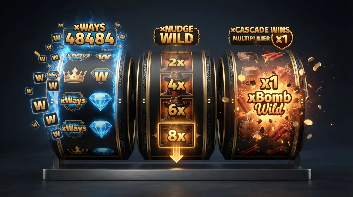 Three Nolimit City slot reels side by side, each mid-spin with a different mechanic active — xWays expanding symbol positions, xNudge stacking wild multipliers and xBomb removing adjacent symbols