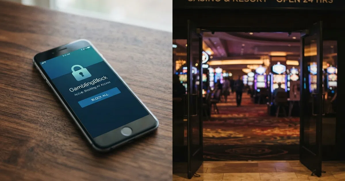 A smartphone screen displaying a gambling-blocking app interface beside a casino lobby, with a padlock symbol on one side and an open door on the other