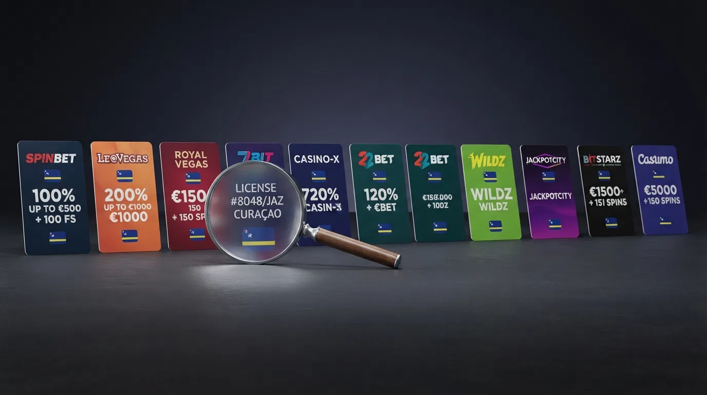 A row of ten casino-brand cards arranged on a dark background, each showing its welcome-bonus headline figure and a small jurisdiction flag, with a magnifying glass hovering over one card's licence badge