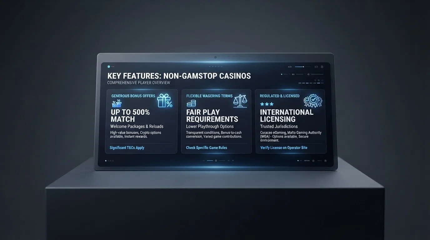 A comparison dashboard or grid showing casino brand names alongside bonus percentages, wagering multipliers and licence badges, arranged side by side