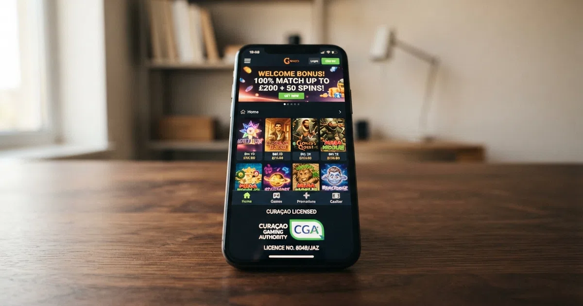 A desktop browser window displaying a Curacao-licensed online casino lobby with game thumbnail tiles, a welcome-bonus promotional banner, and a visible green CGA licence seal in the page footer