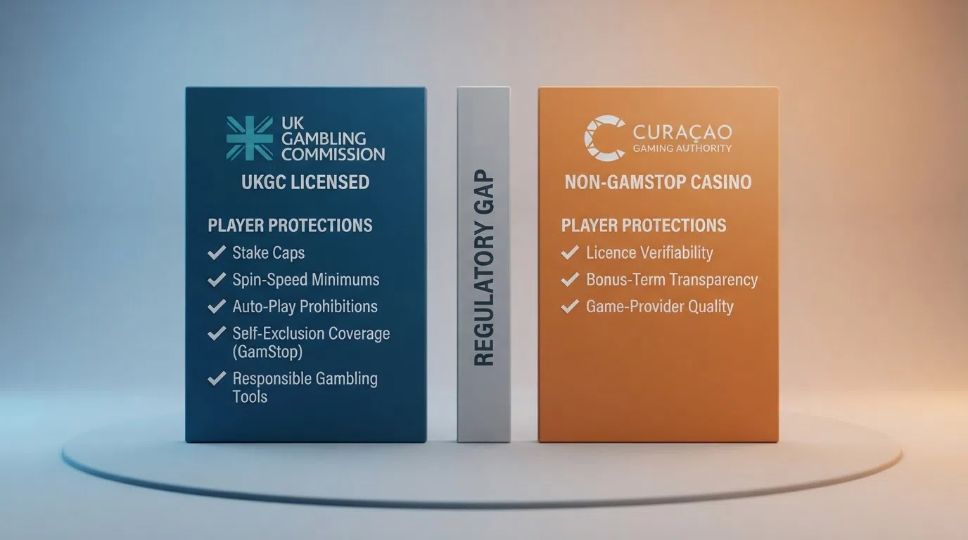 A side-by-side diagram contrasting UKGC licensing requirements on the left with offshore casino regulator symbols on the right, listing player protections under each