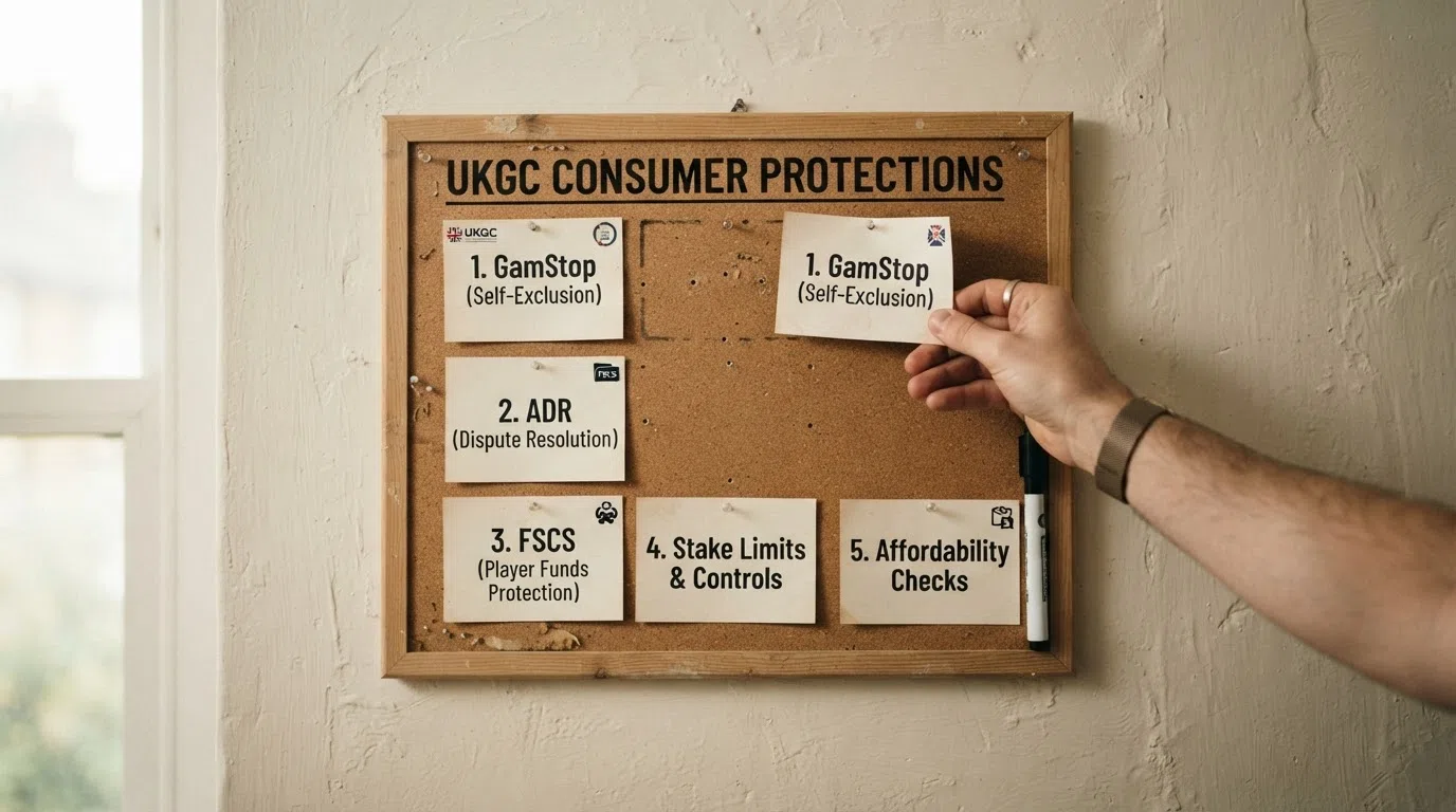 A UK consumer-protection checklist pinned to a wall, with items being crossed out in sequence — GamStop, ADR, FSCS, stake limits, affordability checks — leaving only a blank sheet underneath