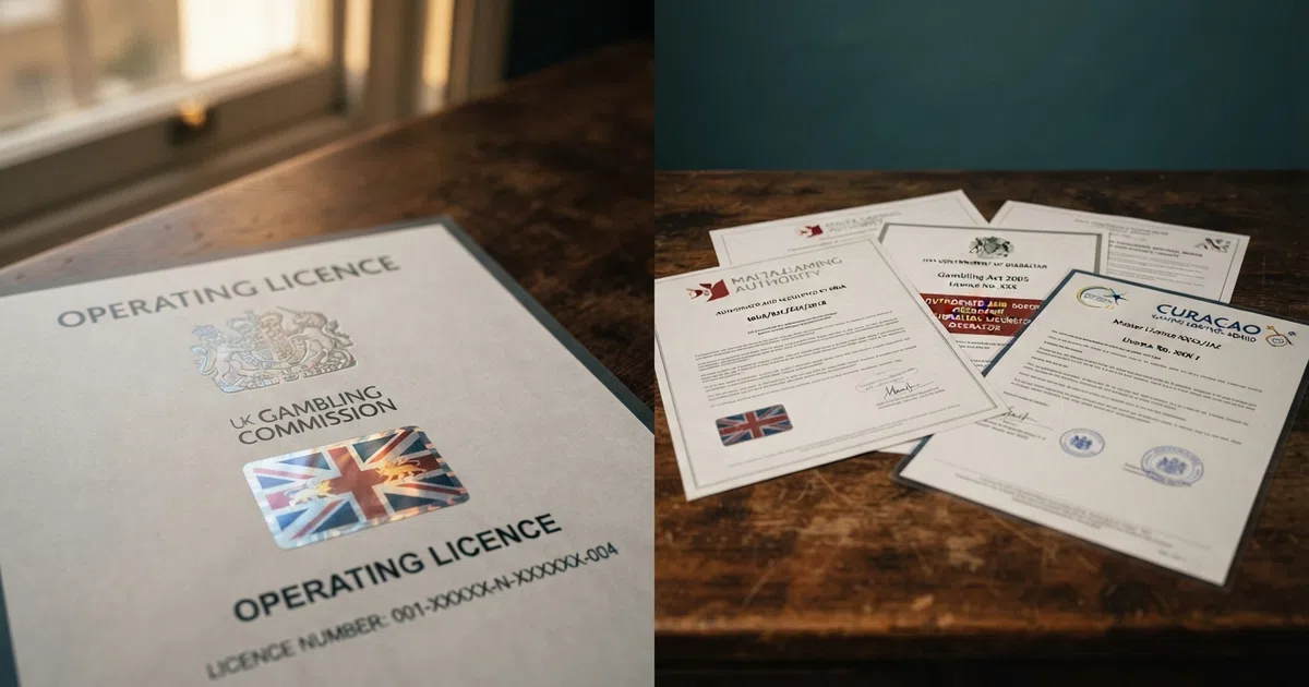 A split composition showing a UKGC licensing seal on one side and a collection of international gambling-licence documents from Malta, Curaçao and Gibraltar on the other