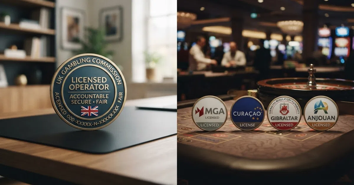 A split-frame visual contrasting a UKGC licence seal on one side with a collection of offshore jurisdiction badges (MGA, Curaçao, Gibraltar, Anjouan) on the other, over a dimmed casino-lobby background
