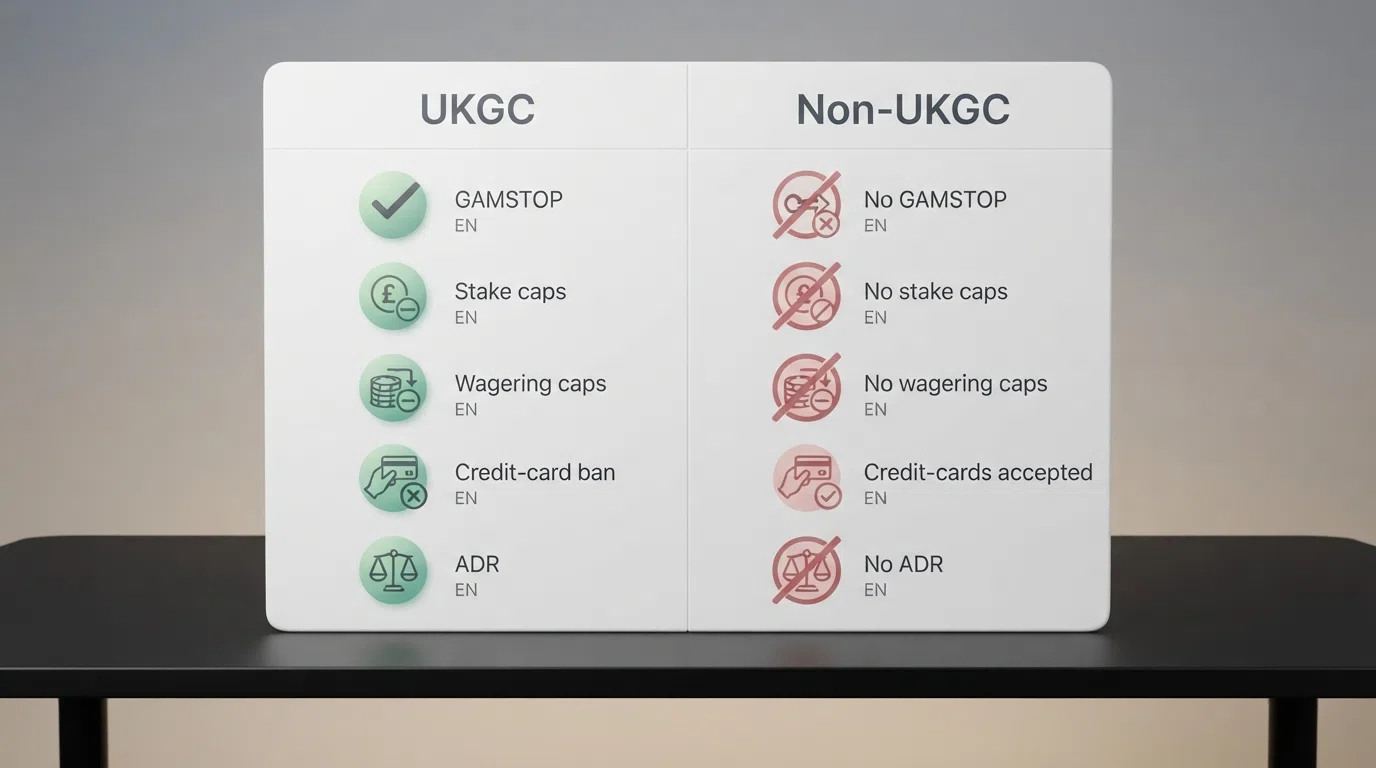 A stylised side-by-side split showing the key protection differences: GAMSTOP, stake caps, wagering caps, credit-card ban, and ADR — all ticked under UKGC and crossed out under non-UKGC