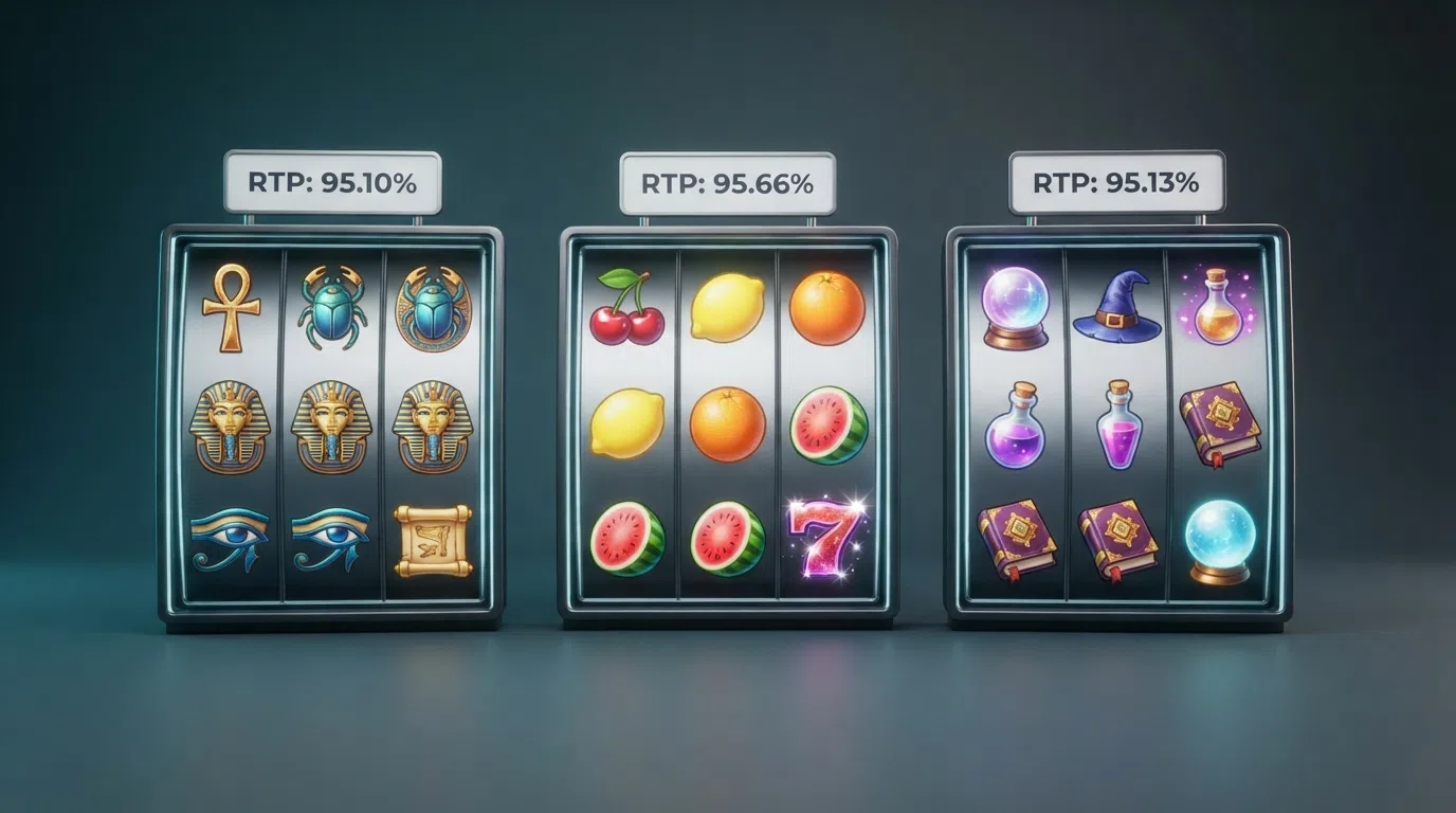Book of Ra Deluxe, Sizzling Hot Deluxe and Lucky Lady's Charm Deluxe slot reels displayed side by side with their RTP percentages overlaid
