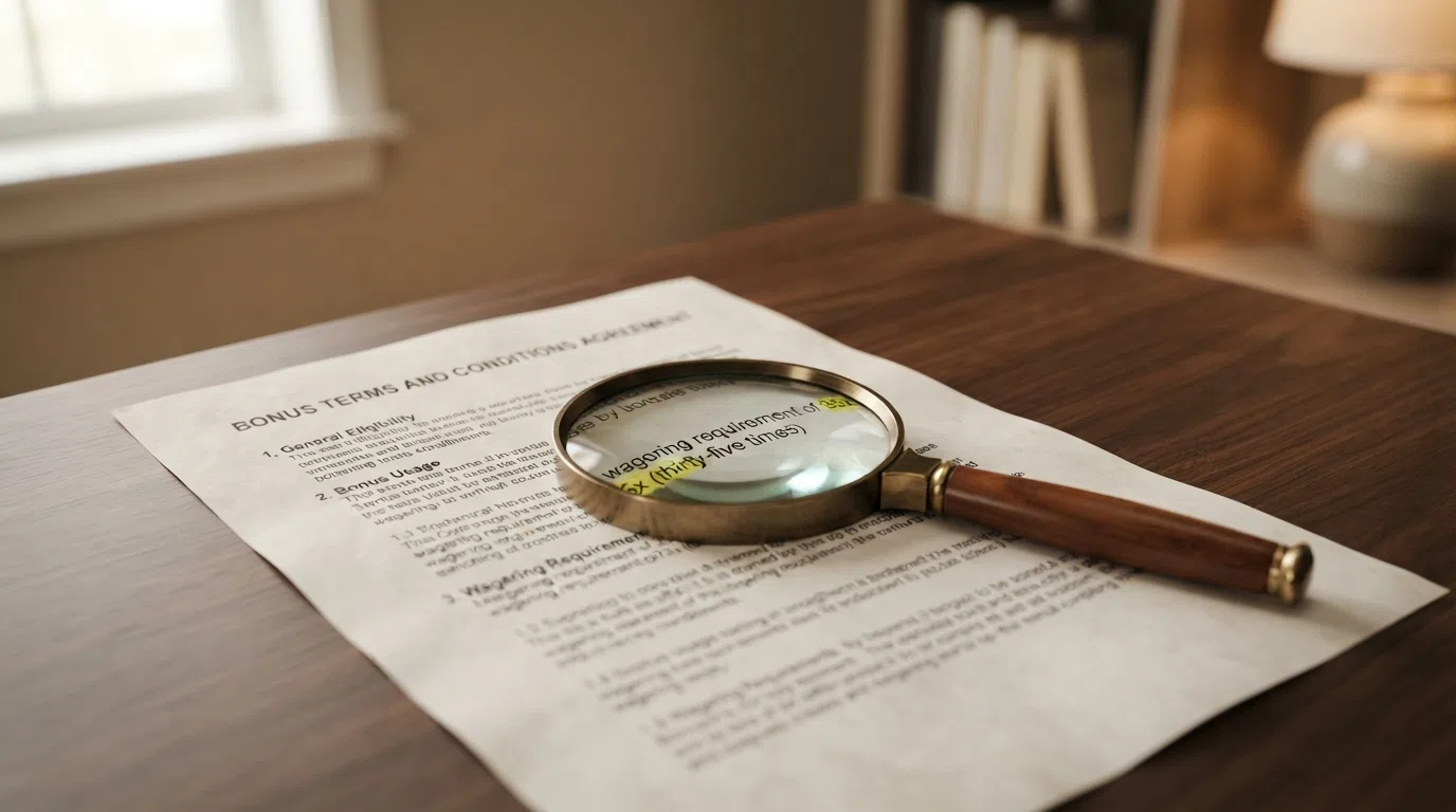 A magnifying glass over a printed terms-and-conditions document, with the wagering-multiple figure highlighted in yellow